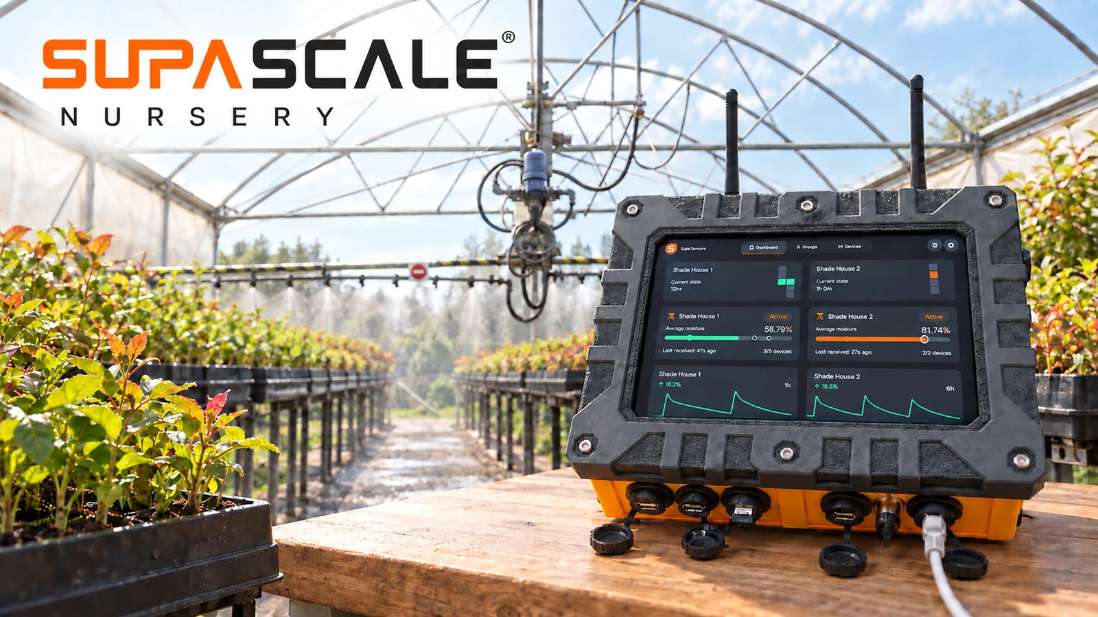 SUPA SCALE nursery controller with a moisture dashboard in a growing nursery